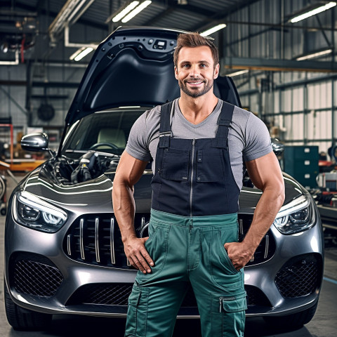 Confident handsome man automotive valets at work on blured background Confident handsome man automotive valets at work on blured background