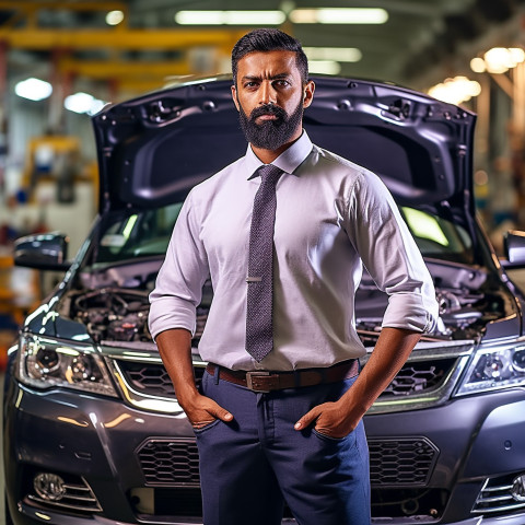 Confident handsome indian man automotive human resources manager at work on blured background Confident handsome indian man automotive human resources manager at work on blured background