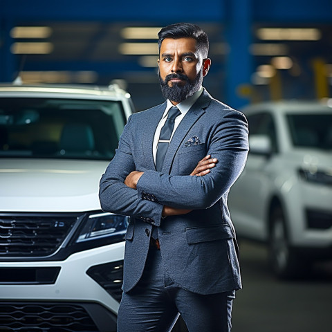 Confident handsome indian man automotive human resources manager at work on blured background Confident handsome indian man automotive human resources manager at work on blured background