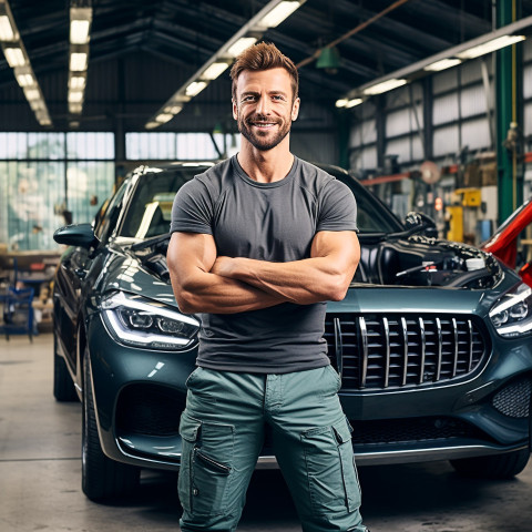 Confident handsome man automotive valets at work on blured background Confident handsome man automotive valets at work on blured background