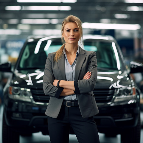 Confident beautiful woman automotive finance manager at work on blured background