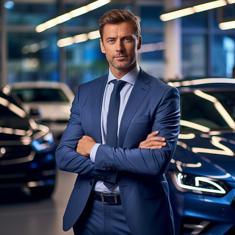 Confident handsome man automotive sales manager at work on blured background Confident handsome man automotive sales manager at work on blured background