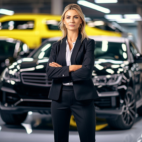 Confident beautiful woman automotive finance manager at work on blured background