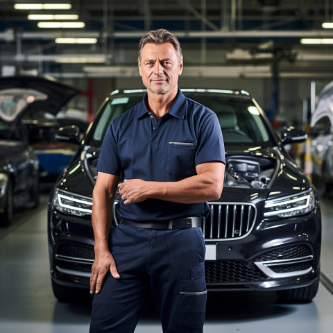 Confident handsome man automotive fleet manager at work on blured background Confident handsome man automotive fleet manager at work on blured background
