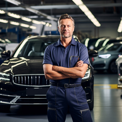 Confident handsome man automotive fleet manager at work on blured background Confident handsome man automotive fleet manager at work on blured background