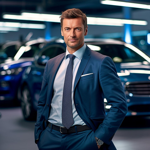 Confident handsome man automotive sales manager at work on blured background Confident handsome man automotive sales manager at work on blured background