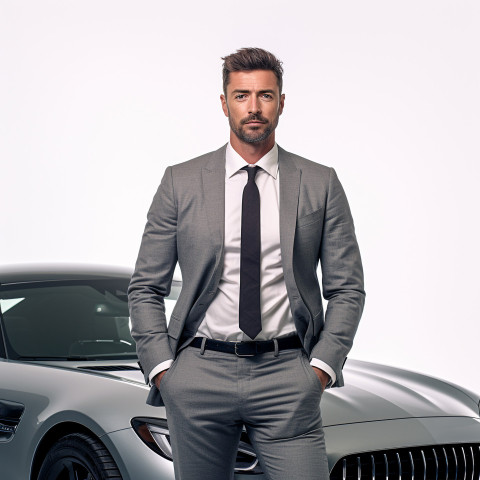 Confident handsome man automotive sales representative at work on isolated white background Confident handsome man automotive sales representative at work on isolated white background