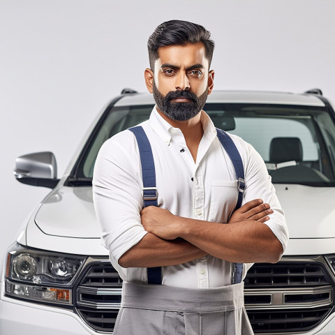 Confident handsome indian man automotive training instructor at work on isolated white background Confident handsome indian man automotive training instructor at work on isolated white background