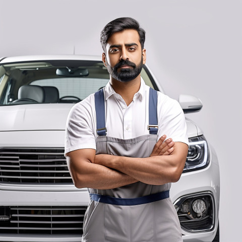 Confident handsome indian man automotive training instructor at work on isolated white background Confident handsome indian man automotive training instructor at work on isolated white background