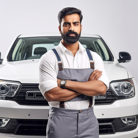 Confident handsome indian man automotive training instructor at work on isolated white background Confident handsome indian man automotive training instructor at work on isolated white background