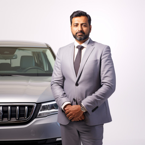 Confident handsome indian man automotive sales manager at work on white background Confident handsome indian man automotive sales manager at work on white background