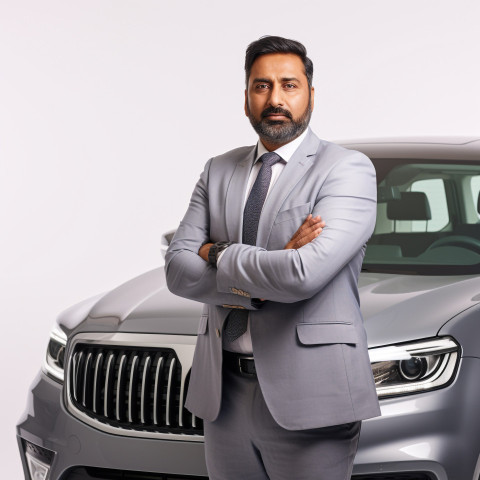 Confident handsome indian man automotive sales manager at work on white background Confident handsome indian man automotive sales manager at work on white background