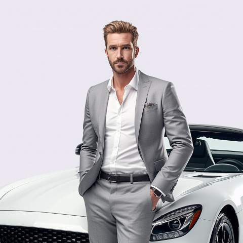 Confident handsome man automotive marketing manager at work on white background Confident handsome man automotive marketing manager at work on white background