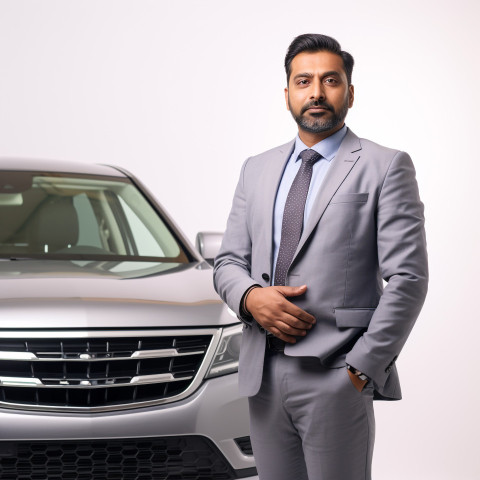 Confident handsome indian man automotive sales manager at work on white background Confident handsome indian man automotive sales manager at work on white background