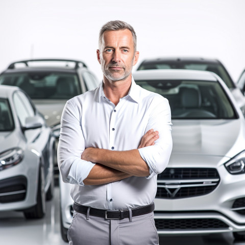 Confident handsome man automotive inventory manager at work on white background Confident handsome man automotive inventory manager at work on white background