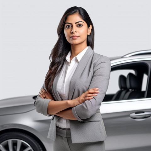 Confident beautiful indian woman automotive finance manager at work on white background Confident beautiful indian woman automotive finance manager at work on white background