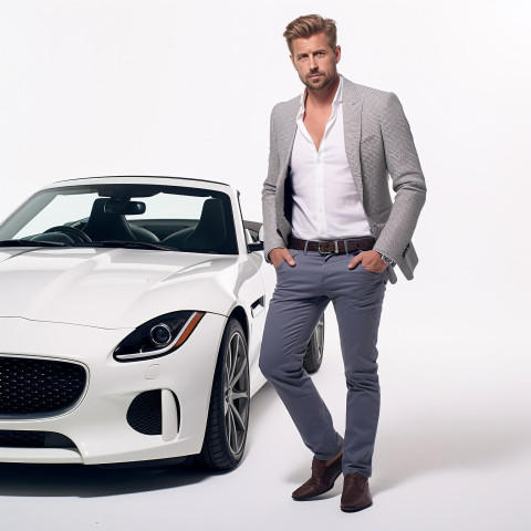 Confident handsome man automotive marketing and advertising specialist at work on white background Confident handsome man automotive marketing and advertising specialist at work on white background