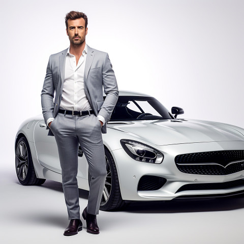 Confident handsome man automotive marketing and advertising specialist at work on white background Confident handsome man automotive marketing and advertising specialist at work on white background