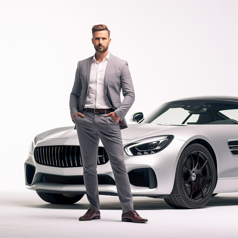 Confident handsome man automotive marketing and advertising specialist at work on white background Confident handsome man automotive marketing and advertising specialist at work on white background