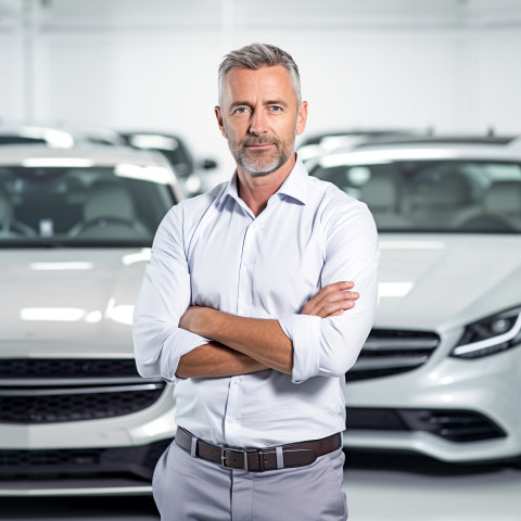 Confident handsome man automotive inventory manager at work on white background Confident handsome man automotive inventory manager at work on white background