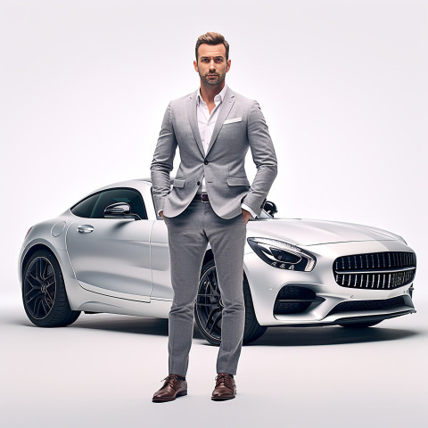 Confident handsome man automotive marketing and advertising specialist at work on white background Confident handsome man automotive marketing and advertising specialist at work on white background