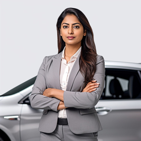 Confident beautiful indian woman automotive finance manager at work on white background Confident beautiful indian woman automotive finance manager at work on white background