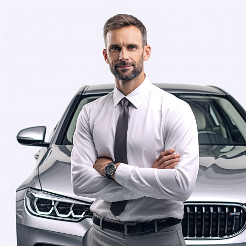Confident handsome man automotive service manager at work on white background Confident handsome man automotive service manager at work on white background