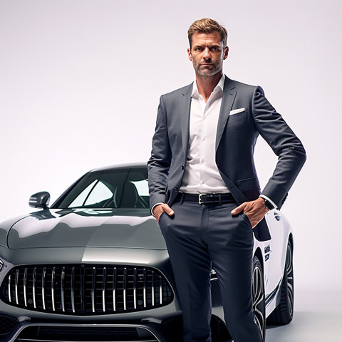 Confident handsome man automotive finance manager at work on white background Confident handsome man automotive finance manager at work on white background