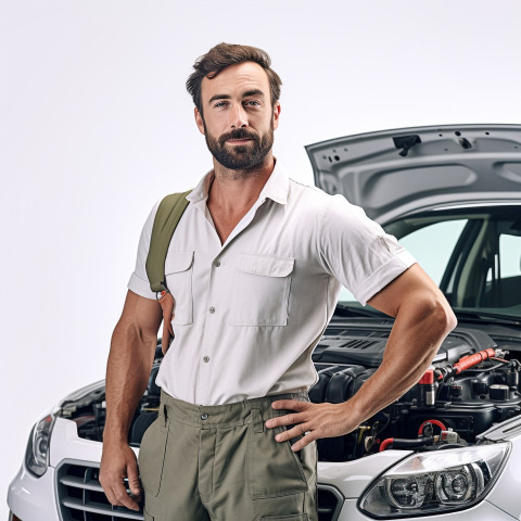 Confident handsome man automotive service technician at work on white background Confident handsome man automotive service technician at work on white background