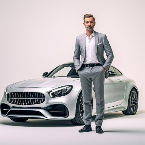 Confident handsome man automotive finance manager at work on white background Confident handsome man automotive finance manager at work on white background