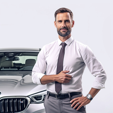Confident handsome man automotive service manager at work on white background Confident handsome man automotive service manager at work on white background