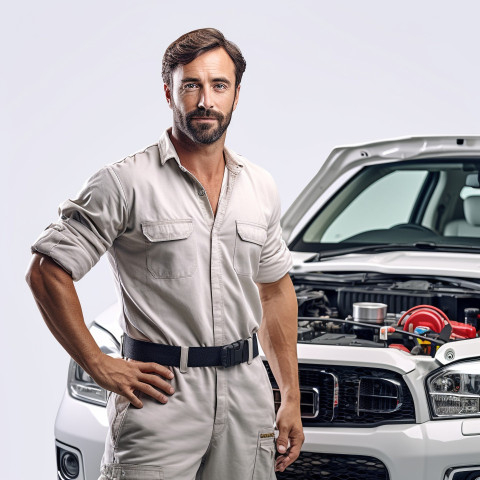 Confident handsome man automotive service technician at work on white background Confident handsome man automotive service technician at work on white background