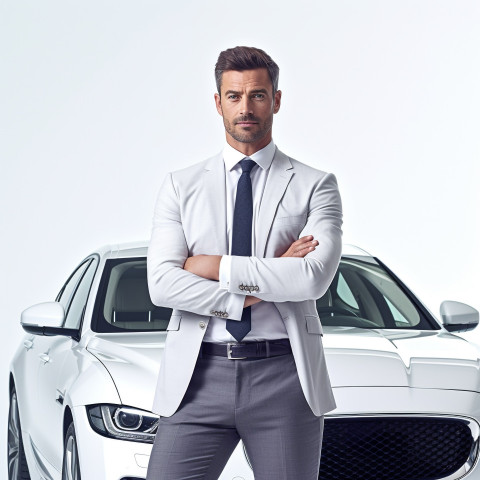 Confident handsome man automotive finance manager at work on white background Confident handsome man automotive finance manager at work on white background