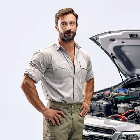 Confident handsome man automotive service technician at work on white background Confident handsome man automotive service technician at work on white background