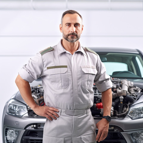 Confident handsome man automotive quality control inspector at work on white background Confident handsome man automotive quality control inspector at work on white background