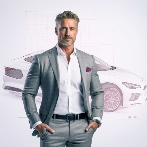 Confident handsome man automotive finance manager at work on white background Confident handsome man automotive finance manager at work on white background