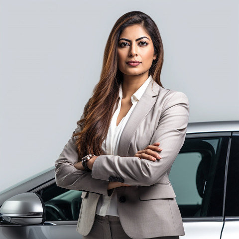 Confident beautiful indian woman automotive sales manager at work on white background Confident beautiful indian woman automotive sales manager at work on white background