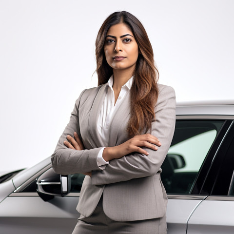 Confident beautiful indian woman automotive sales manager at work on white background Confident beautiful indian woman automotive sales manager at work on white background