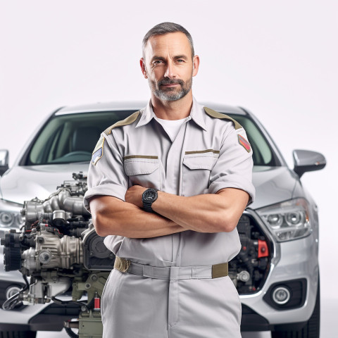 Confident handsome man automotive quality control inspector at work on white background Confident handsome man automotive quality control inspector at work on white background