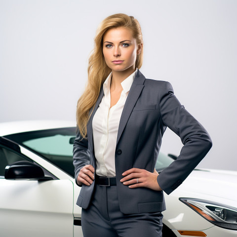 Confident beautiful woman automotive safety compliance specialist at work on white background Confident beautiful woman automotive safety compliance specialist at work on white background