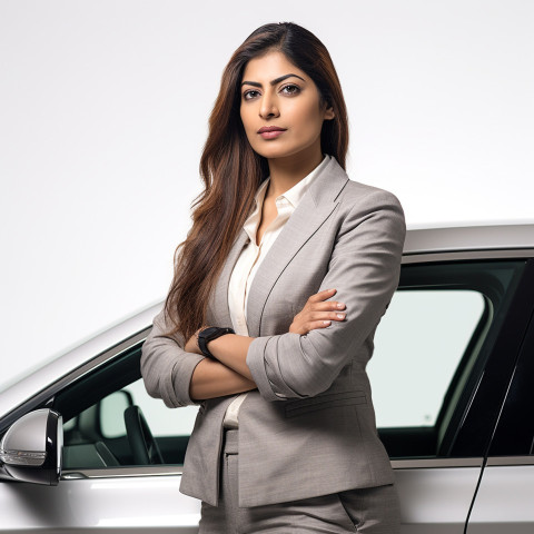 Confident beautiful indian woman automotive sales manager at work on white background Confident beautiful indian woman automotive sales manager at work on white background