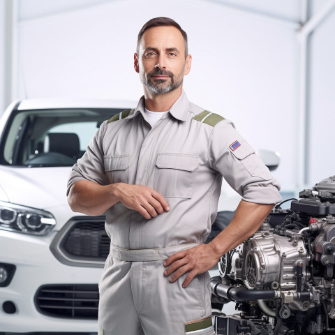 Confident handsome man automotive quality control inspector at work on white background Confident handsome man automotive quality control inspector at work on white background