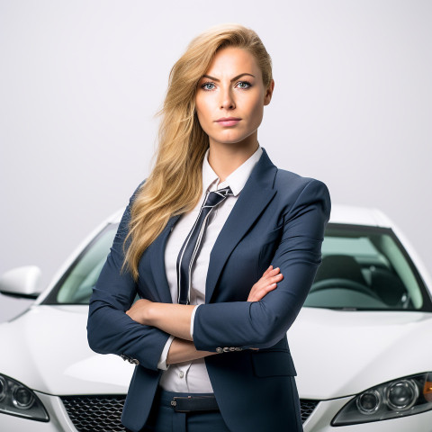 Confident beautiful woman automotive safety compliance specialist at work on white background Confident beautiful woman automotive safety compliance specialist at work on white background