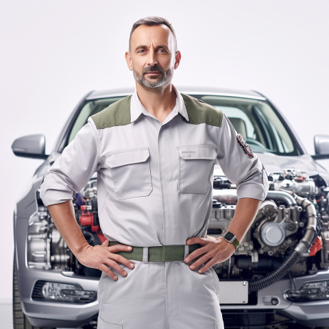 Confident handsome man automotive quality control inspector at work on white background Confident handsome man automotive quality control inspector at work on white background