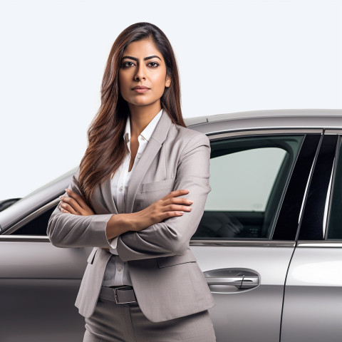 Confident beautiful indian woman automotive sales manager at work on white background Confident beautiful indian woman automotive sales manager at work on white background