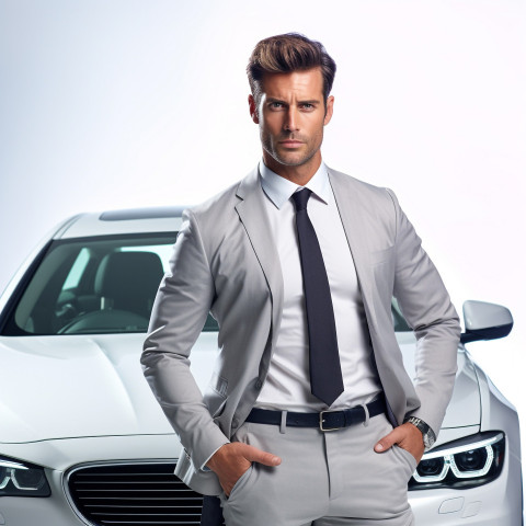 Confident handsome man automotive compliance and safety officer at work on isolated white background Confident handsome man automotive compliance and safety officer at work on isolated white background