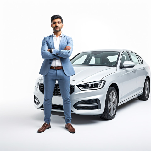 Confident handsome indian man automotive marketing and advertising specialist at work on isolated white background Confident handsome indian man automotive marketing and advertising specialist at work on isolated white background