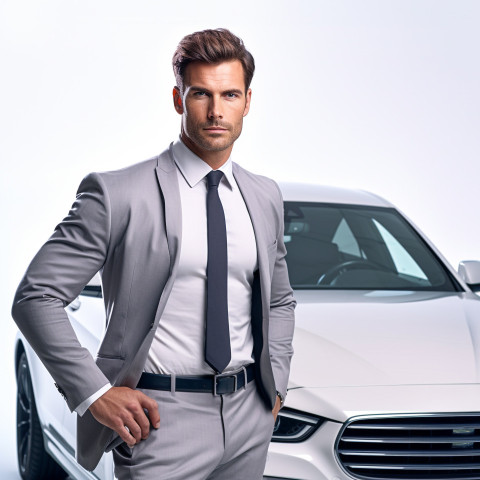 Confident handsome man automotive compliance and safety officer at work on isolated white background Confident handsome man automotive compliance and safety officer at work on isolated white background