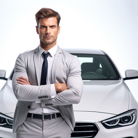 Confident handsome man automotive compliance and safety officer at work on isolated white background Confident handsome man automotive compliance and safety officer at work on isolated white background