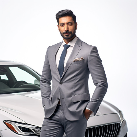 Confident handsome indian man automotive marketing and advertising specialist at work on isolated white background Confident handsome indian man automotive marketing and advertising specialist at work on isolated white background